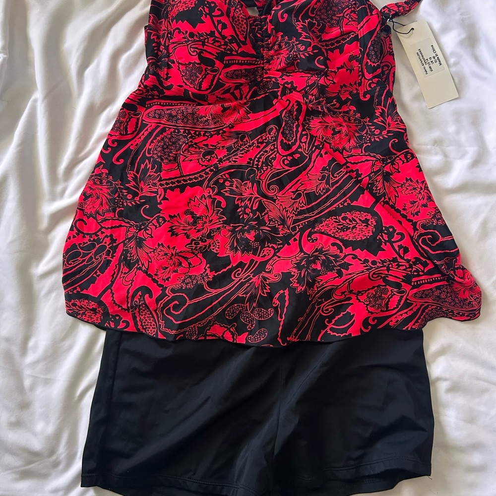 Red & Black Floral Paisley Tankini Top with Black Swim Shorts